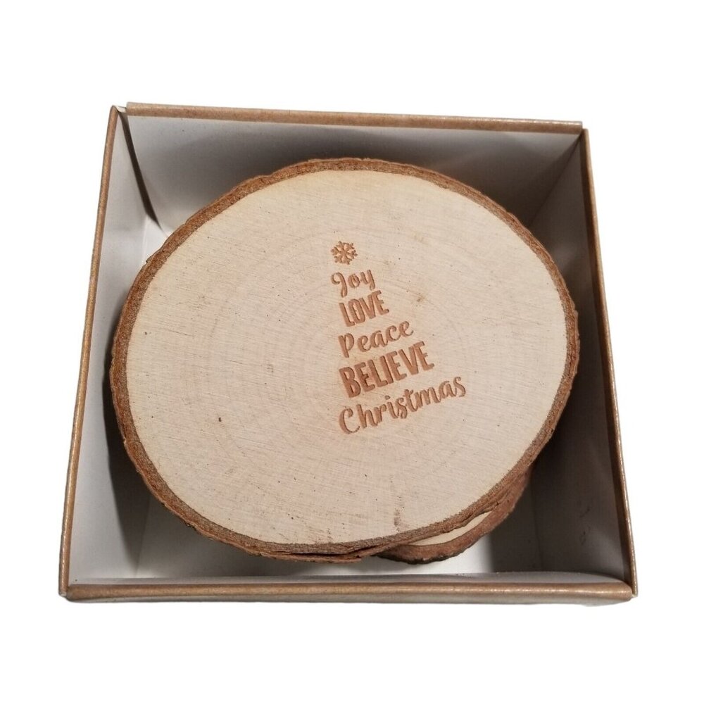 Christmas Wooden Coaster Set of‎ 4 Holiday Tree Slice Joy Peace Love Believe
